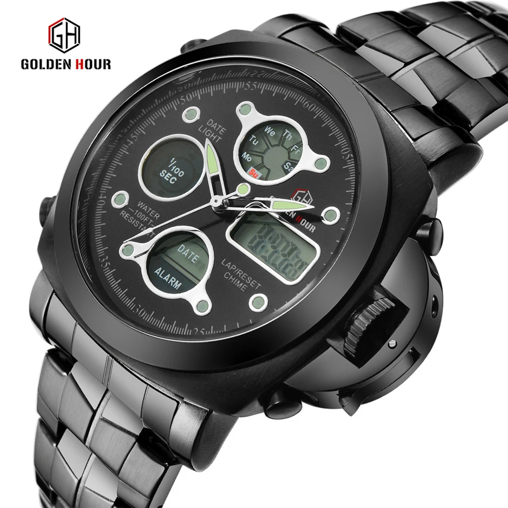 

GOLDENHOUR Top Brand Sport Mens Quartz Watch Alarm Week Display Stainless Steel Stop Watch Relogio with Big Crown Luminors Case