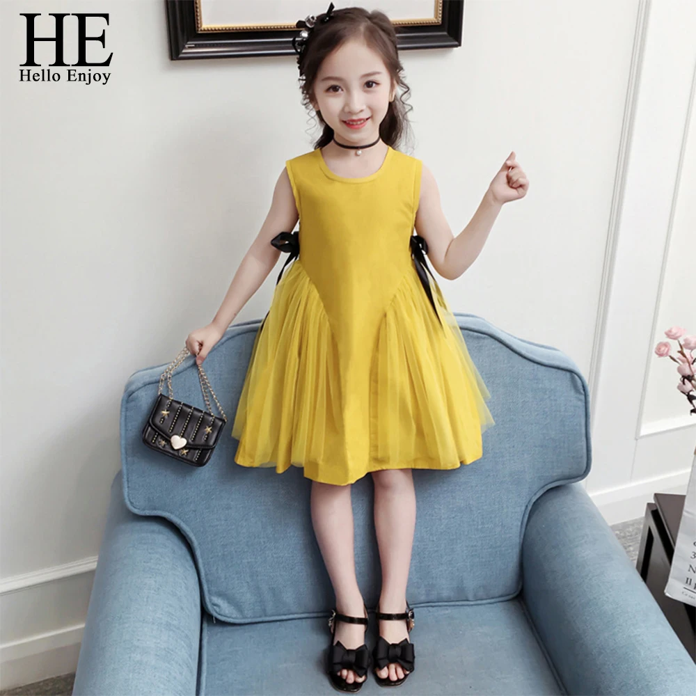 

HE Hello Enjoy Summer Girls Clothing Girls Dress Cotton Korean Dress Yellow Mesh Brief Girl Princess Dresses Kids Clothes 2019
