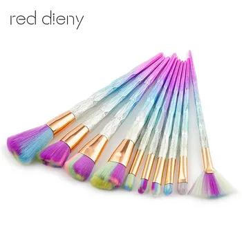 

Professional 10pcs Makeup Brushes Set Thread Rainbow Diamond Handle Shape Unquie Horn Face Make up Brush Beauty Kit