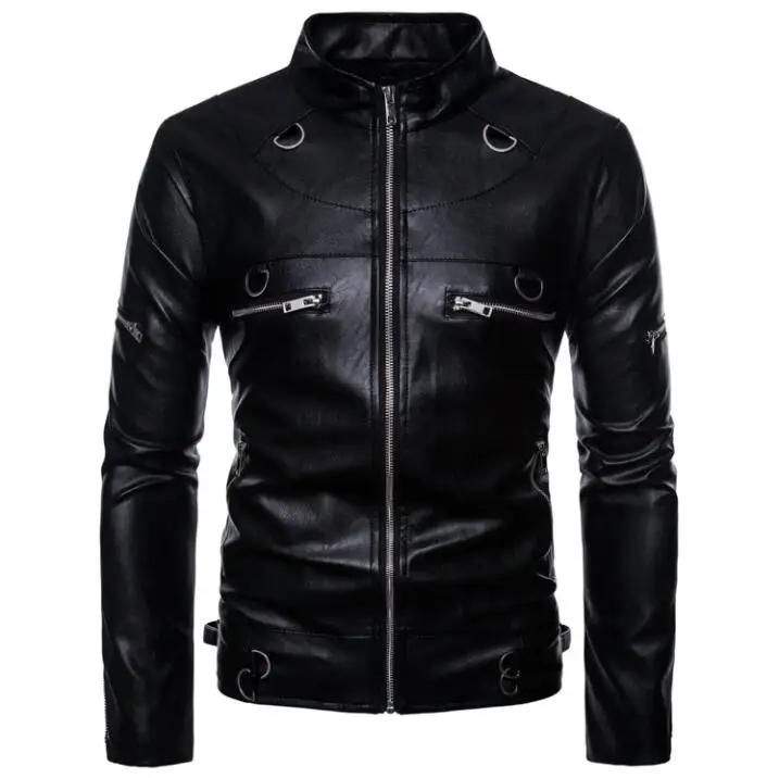 Punk motorfiets lederen jas mannen Rock Ring metalen rits Staande kraag kleding heren lederen jassen biker Punk motorfiets lederen jas mannen Rock Ring metalen rits Staande kraag kleding heren lederen jassen biker