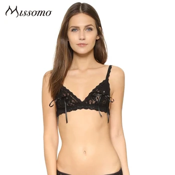 

Missomo Sexy Sweet Black Bowknot Lace Bra Women Wire Free Mesh Semi Sheer Ruffles Bralettes Female Elastic Underwears Lady