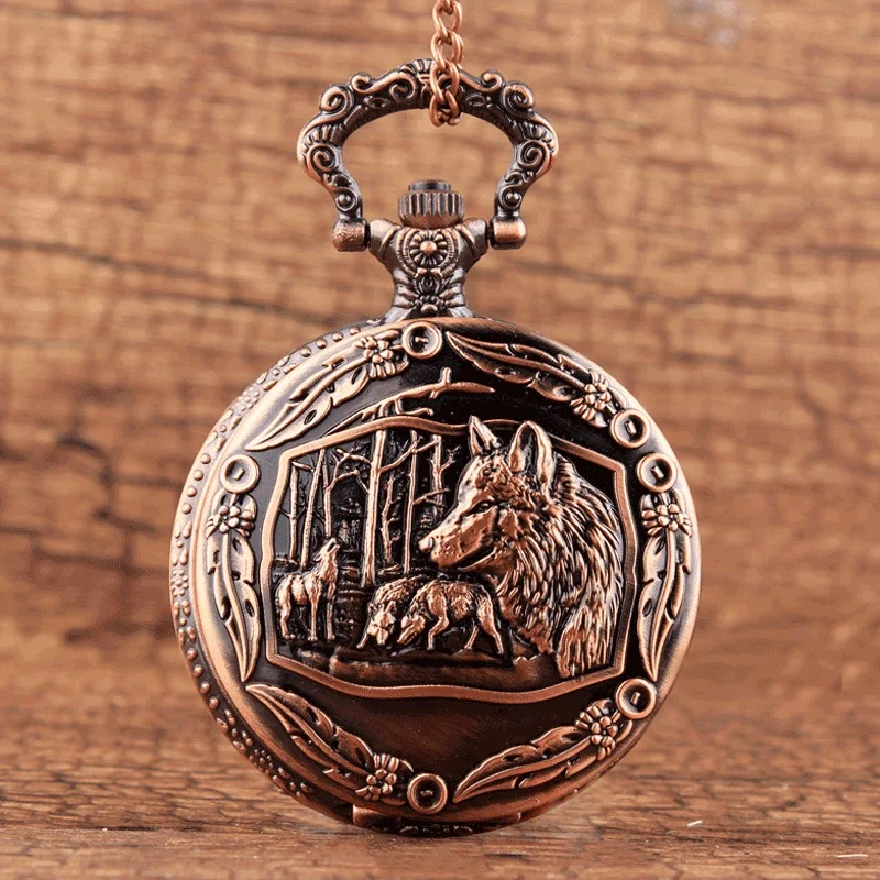 

2017 New Arrival Rose Gold Wolf Carving Unique Design Quartz Pocket Watch Pendant Necklace Men Women Gifts Relogio De Bolso