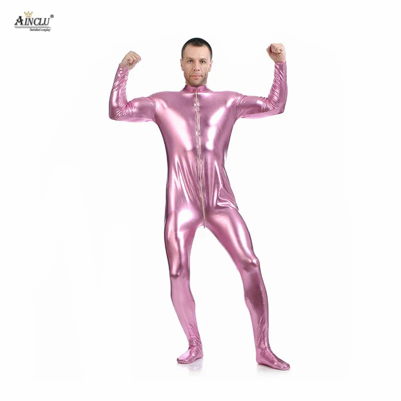 Ainclu комбидресс из спандекса блестящий сексуальный розовый мужской Zentai для