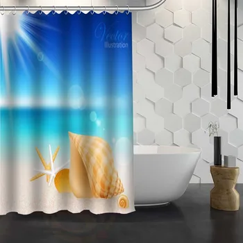 

Hot Sale Custom beach seashells marine starfish Shower Curtain Waterproof Fabric Shower Curtain for Bathroom F#Y1-17