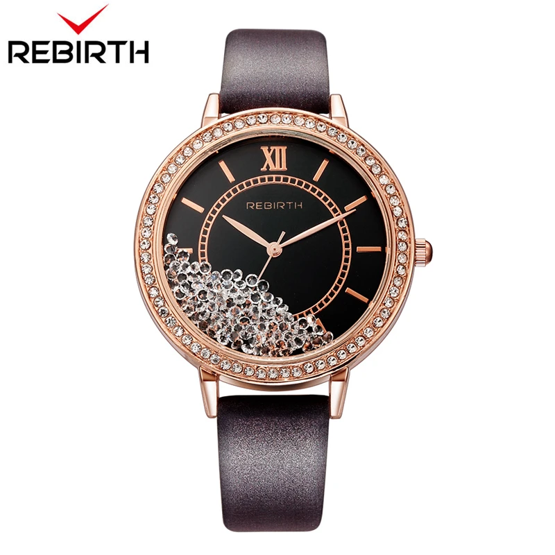 

REBIRTH Luxury female watch with Diamond Quartz Women Watches Elegant Leather Bracelet Lady Watch Waterproof Wristwatch Gift Box