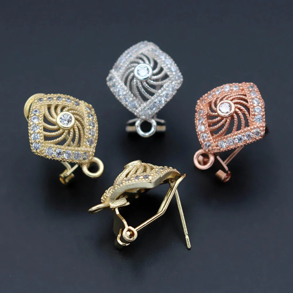 

Earrings Post Clip Back with Loop Connector Micro Paved Zircon CZ Filigree Square Findings DIY African Bridal Earrings Gold plt