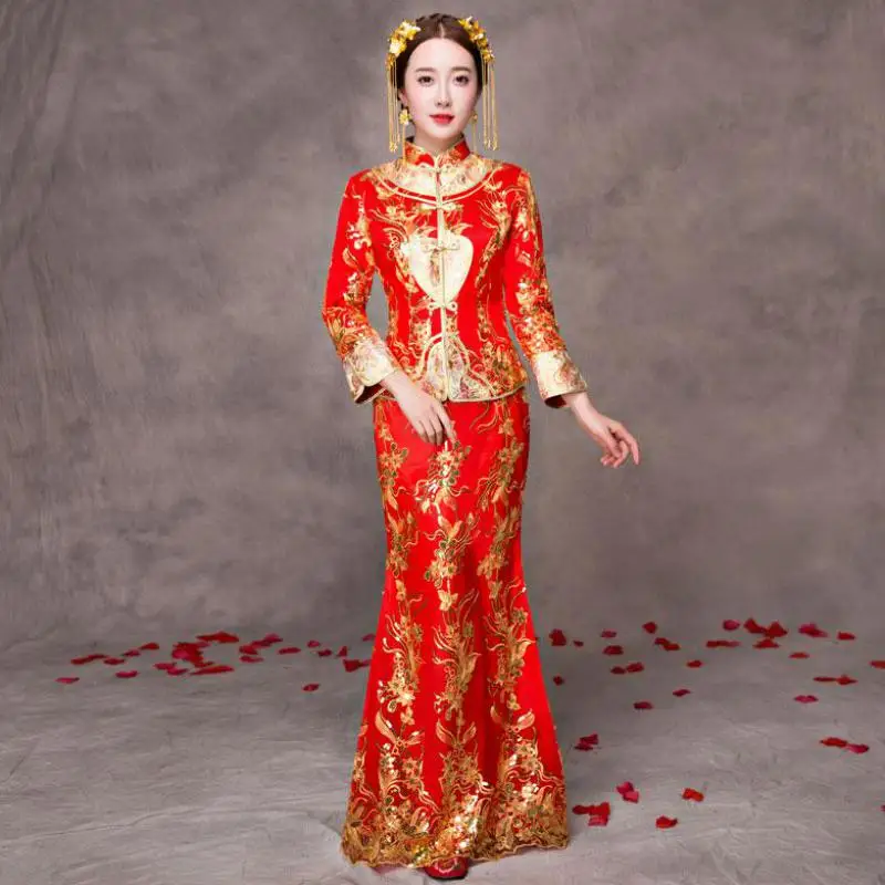 

Chinese Women Oriental Female Qipao Embroidery Flower Cheongsam Elegant Full Length Evening Gowns Bride Wedding Dress Vestidos