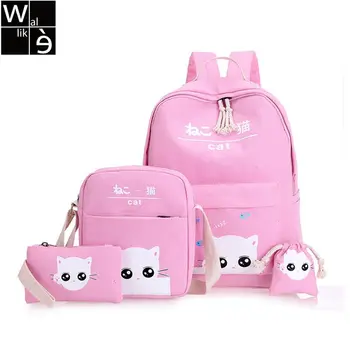 

Wallike Large Capacity 4PCS Set Canvas Backpack Cute Cat Printing School Backpack for Teenager Girl Rucksack School Bag Mochila