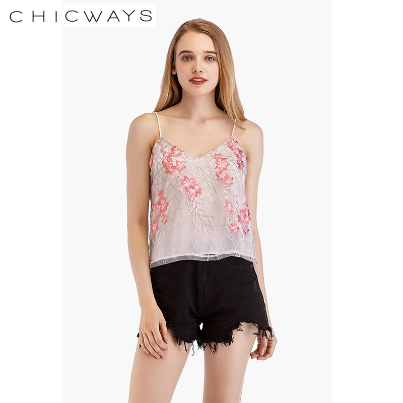 CHICWAYS Fashion heavy Lace Embroidered Flower Tops Women Strap Mesh Camis Bauhinia Beach V-neck Short Vest Loose Tank Top | Женская