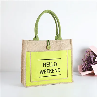 3 цвета, европейский стиль, женские джутовые сумки Hello Weekend из хлопка, женские пляжные сумки большого размера для девочек, сумки на плечо с принтом - Цвет: 35x30x14