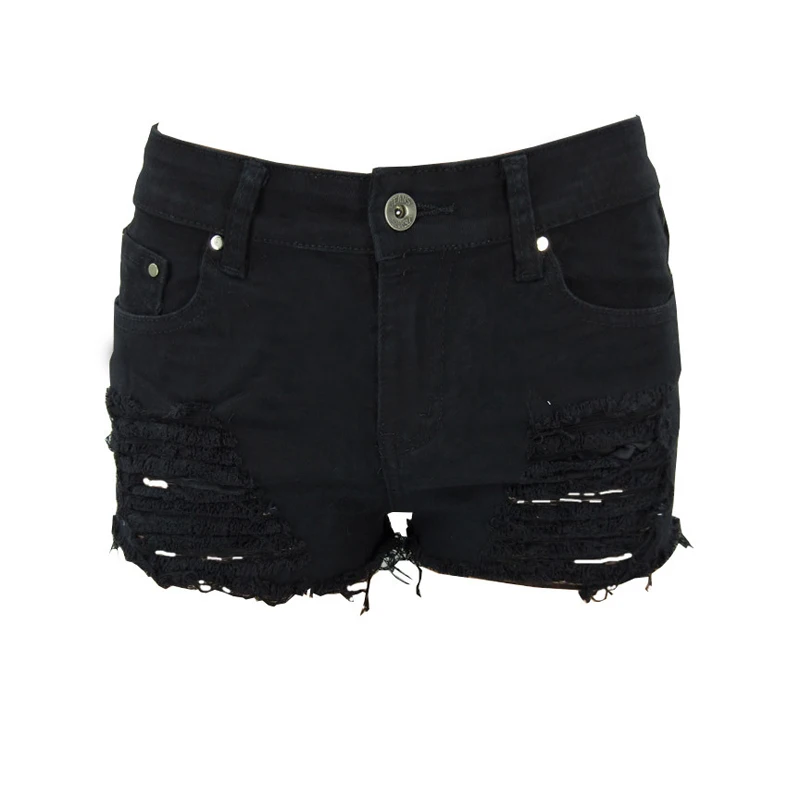 CWLSP, хлопковые джинсы, шорты, женские летние джинсовые шорты с дырками и низкой талией, джинсовые шорты с бахромой, сексуальные шорты на шнуровке с кисточками, Femme QZ2731 - Цвет: Черный