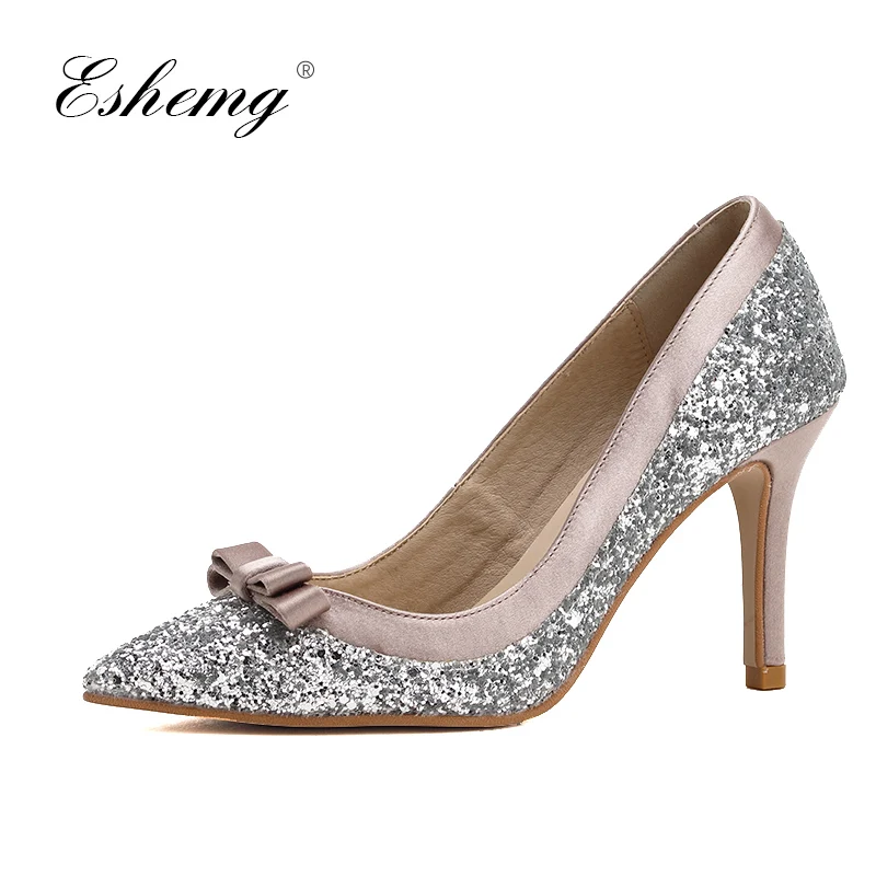 

Eshemg 2019 Bridal Wedding Shoes Bling Handmade Bling Silver Women Shoes Pointed Toe Heel Bride Bridesmaids Party Heel Shoes