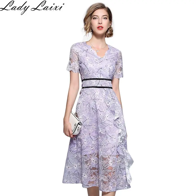 

Runway Dress 2018 Summer Women Hollow Out Flower Lace V-neck Sexy Ladies Short sleeve Slim Mid-calf Party Dress