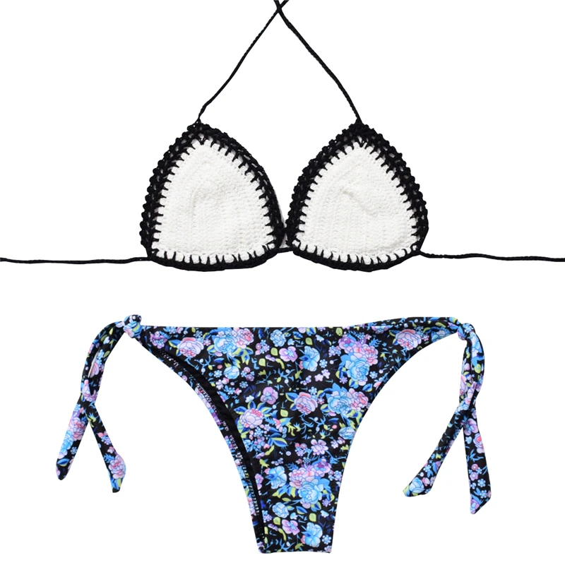 2019 Crochet Bikini Set Pure Handmade Top Sexy Swimwear Women Floral Print Biquini Swimsuit push up bikini set mujer feminino