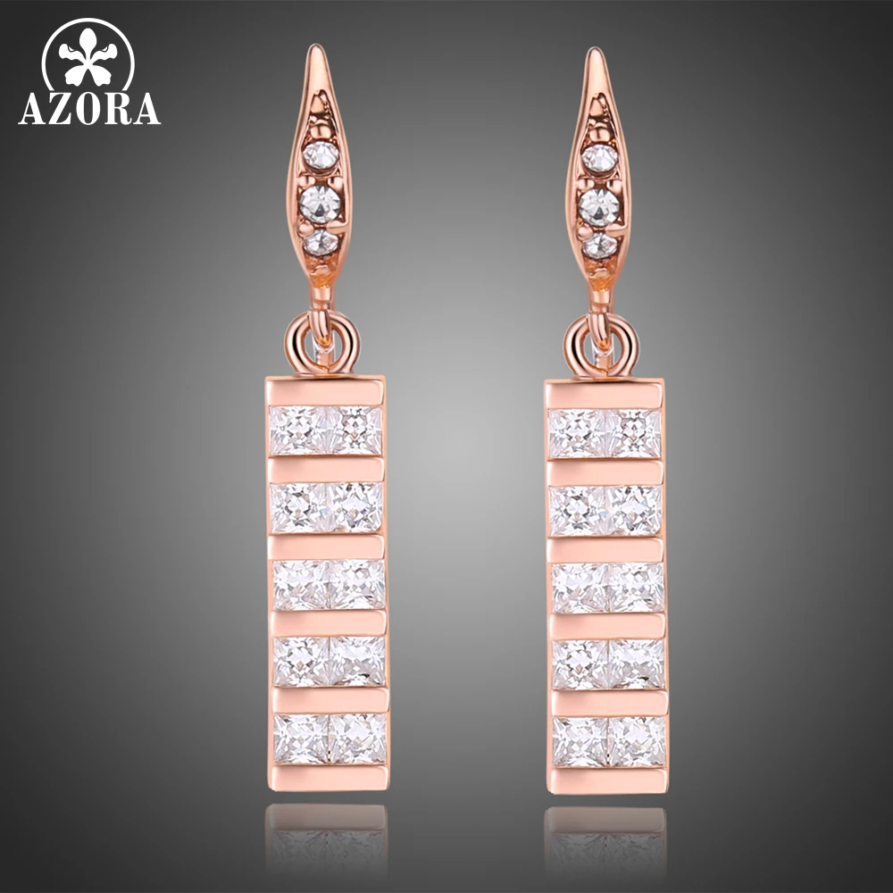 AZORA Full Paved Square Cut Clear Cubic Zirconia Rectangle Drop Earrings for Women Rose Gold Color Jewelry TE0347