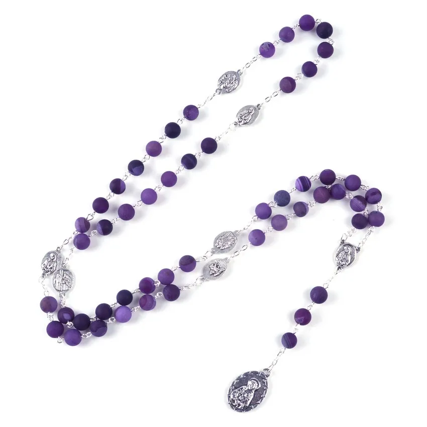 

New Fashion Religious SEVEN SORROWS Religious Purple Natural Stone Beads Chain Rosary Necklace