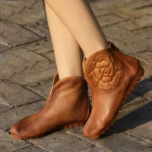 Женская обувь ручной работы; винтажная женская обувь из натуральной кожи с цветочным узором; красивые ботинки; удобная повседневная обувь на плоской мягкой подошве