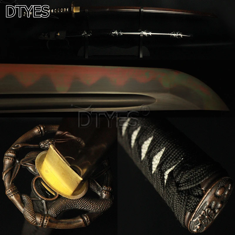 

Beautiful Hand Forged Katana Samurai Japanese Sword Red T10 Carbon Steel Clay Tempered Blade Snake Tsuba Sharp Battle Ready