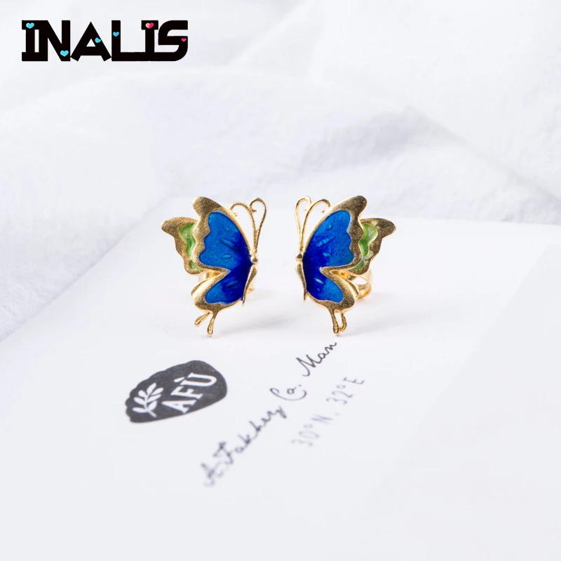 

INALIS Cute Stud Earrings Cloisonne 925 Sterling Silver Butterfly Shape Fine Jewelry Rhodium Gold Plated Women Multi Brincos