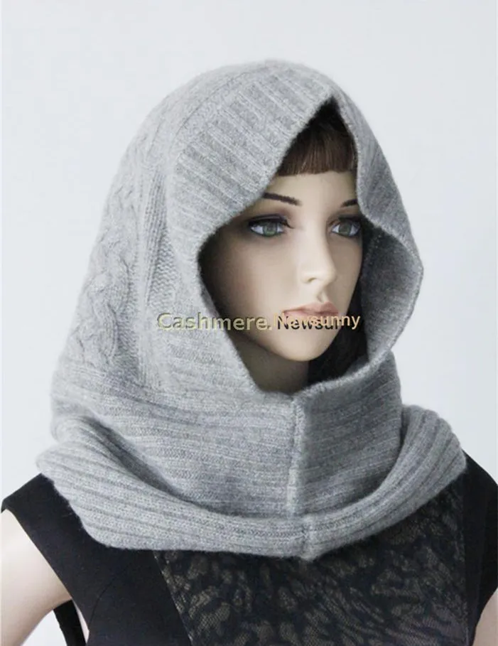 

100%goat cashmere twisted knit hooded-scarf hats women fashion beanies bonnets neutral color