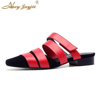 

Red White Genuine Leather Women Slides Slippers Outside Summer Beach Party Sexy Fashion Hook&Loop Solid Low Heel Square Size 38