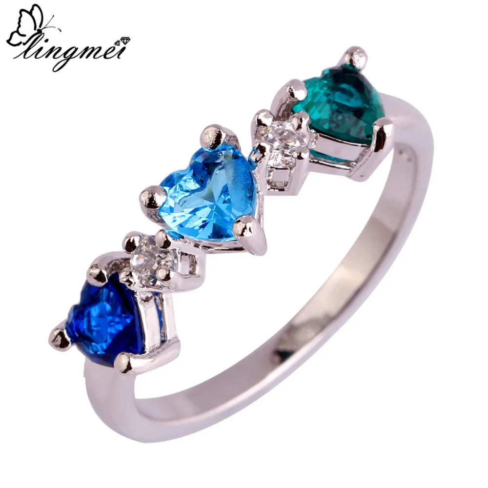 

lingmei Wholesale Heart Jewelry AAA Multi-Color Cubic Zirconia Silver Ring Size 6 7 8 9 10 11 12 13 Fashion Women Gift 953R27