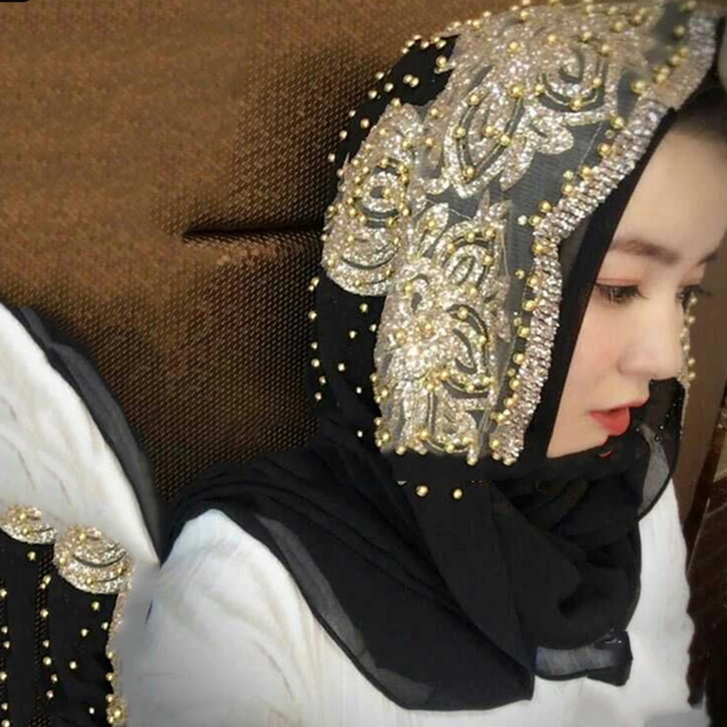 

Funklouz Muslim Islamic Scarf Hijab Woman Long Underscarf Moslima Khimar with Beads Prayer Turbante