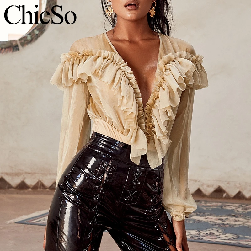 MissyChilli Ruffle chiffon women bodysuit Sexy deep v neck long sleeve bodysuit top Autumn vintage party transparent bodysuit