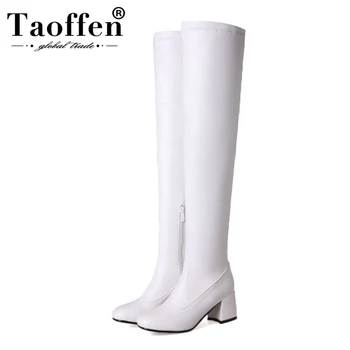 

Taoffen Plus Size 32-46 Over Knee Boots Women Winter High Heels Stretch Shoes Women Vintage Square Toe Warm Thigh High Boots