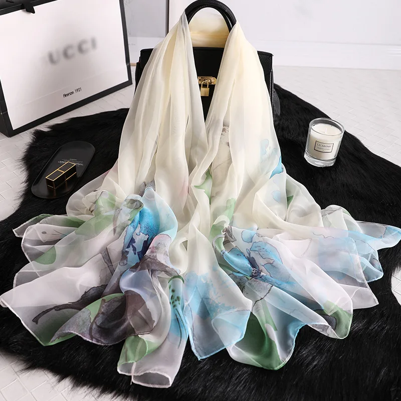 

2019 designer brand women silk scarf summer long size pashmina soft and thin shawls lady wraps foulard floral print head hijabs