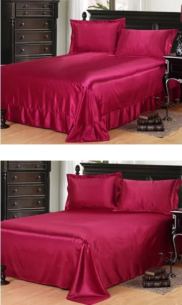 4PCS Sheet set Satin Silk Bedding Wine Red bed sheets ...