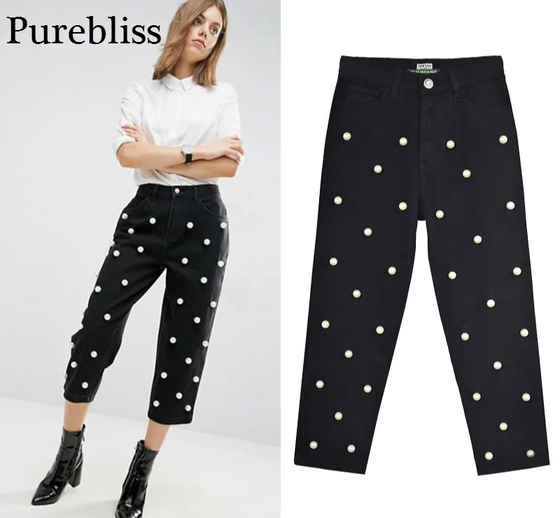 pearl denim pant women black high waist wide leg pant 2017
