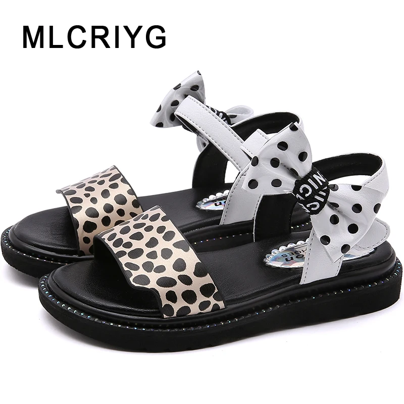 

New 2019 Summer Kids Princess Sandals Baby Girls Bow Pu Leather Beach Sandals Children Leopard Sandals Soft Fashion Brand Shoes