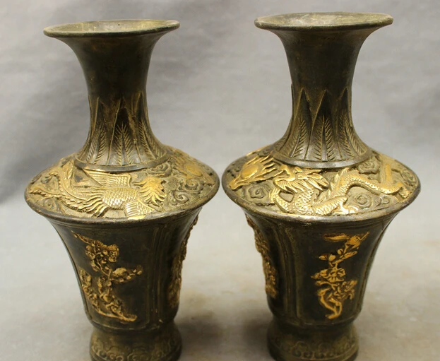 

xiuli 003529 8" Folk Chinese Bronze Copper Gilt Palace JiXiang Dragon Statue Pot Vase Pair