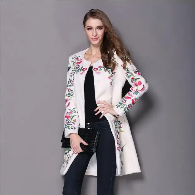 Для женщин зимнее пальто вышитое, на шею Длинные рукава О Кнопка женский пальто элегантный Модное Пальто стильное пальто