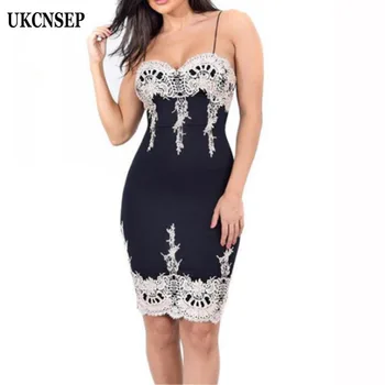 

High Quality Rayon Bandage Dress Women Straps Sleeveless Bodycon Evening Party Dress Vestidos Lace Patchwork Women Dress