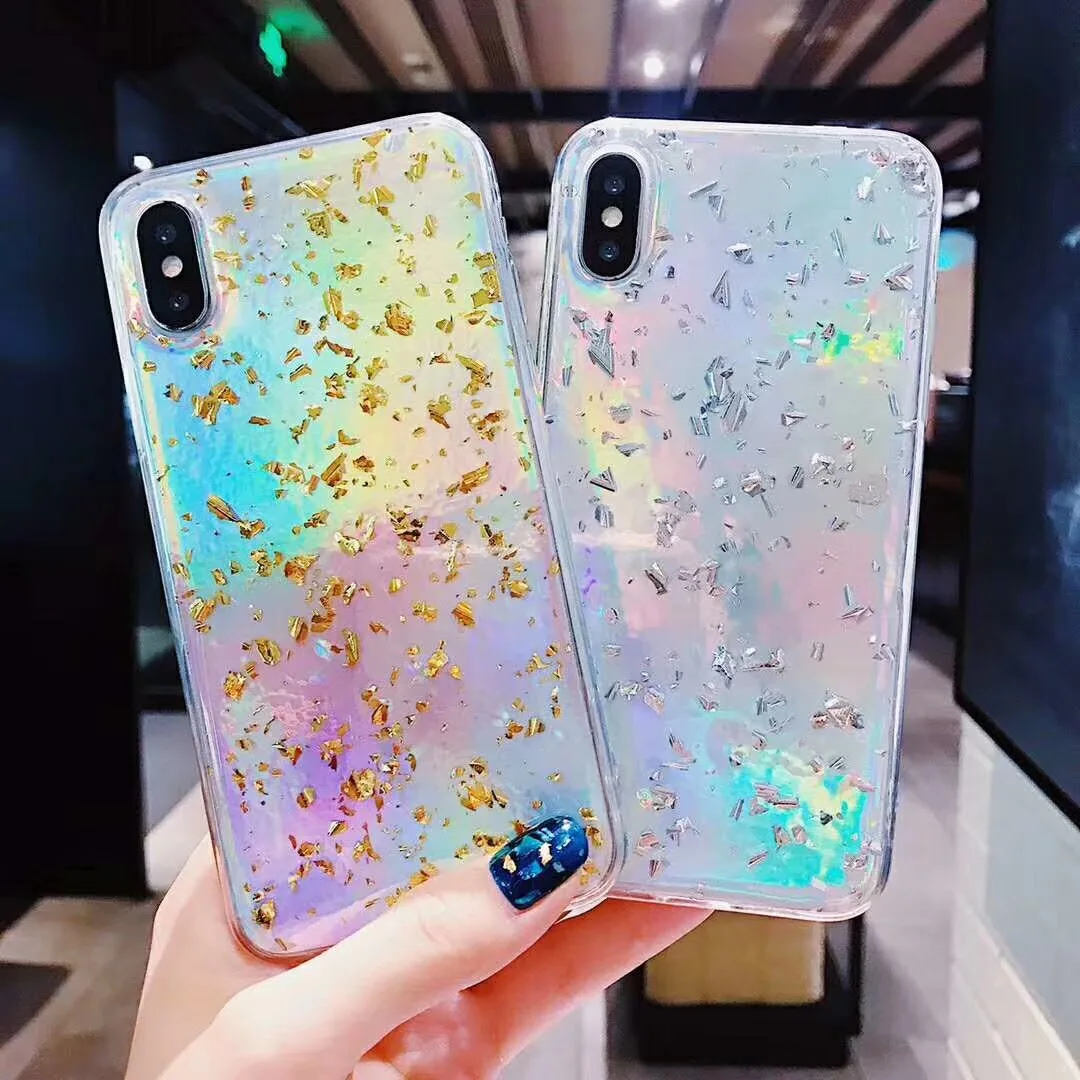 

Luxury Glitter Powder Gold Foil Laser Phone Case For iPhone XS MaX XR X 6 6S 7 8 Plus Shining Soft Epoxy Mobile Phone Back Cover