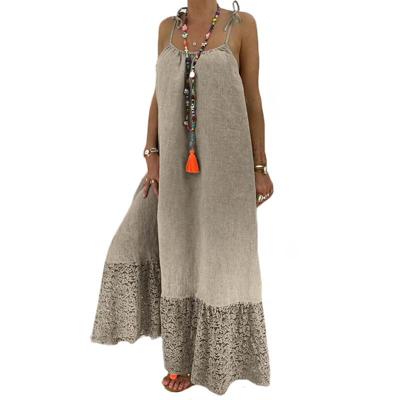 

New Fashion loose Women lady long sundress 2019 Summer sexy spaghetti strap Lace patchwork Holiday vestidos beach style dresses