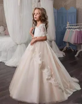 

Lace Arabic 2017 Flower Girl Dresses For Wedding Party Chapel Train Little Kids Formal First Communion Dress