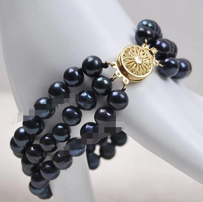 

001765 7-8MM 3Strds Black Akoya Cultured Pearl Bracelet 7.5