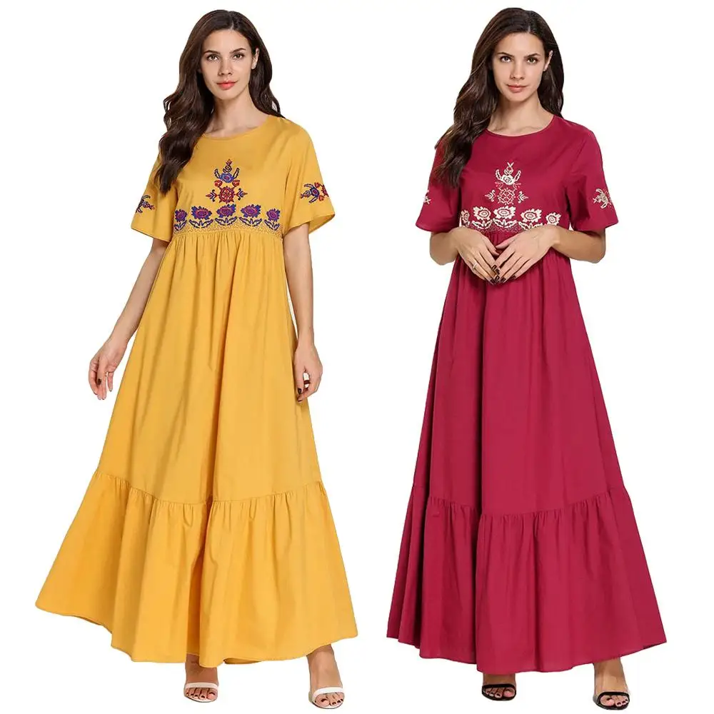 Вышивка с коротким рукавом летнее платье женское мусульманское длинное платье Jilbab вечерние платье-Кафтан Исламская одежда, Дубай турецкие
