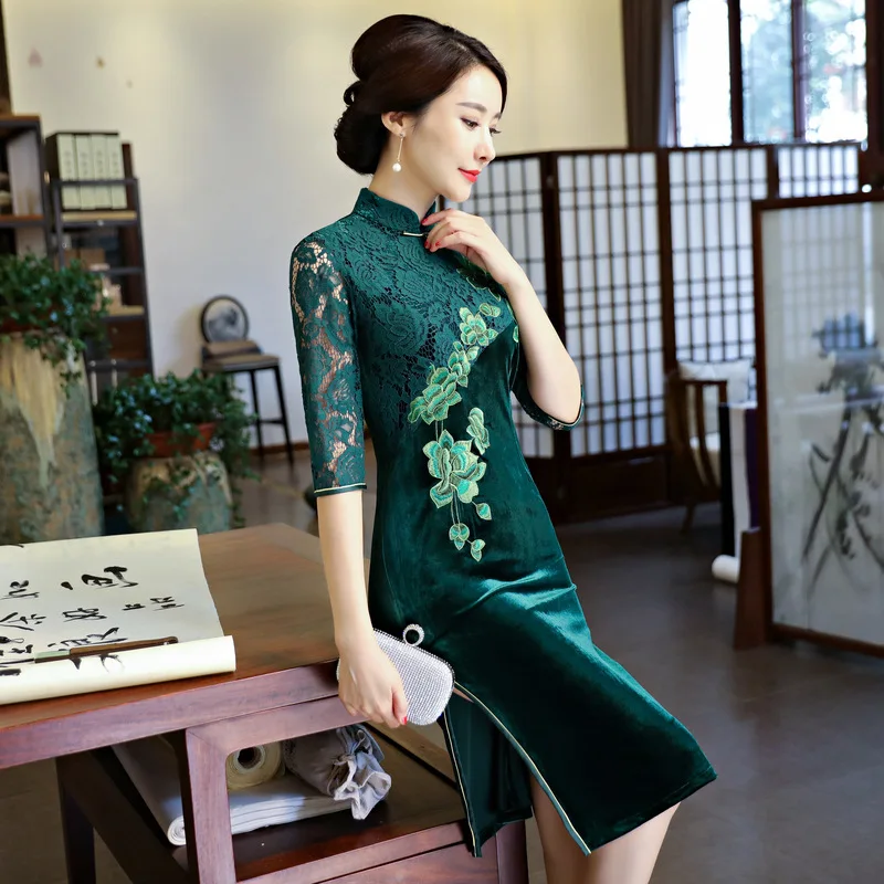В традиционном китайском стиле стрейч cheongsam qipao половинчатыми китайское платье-Ципао с рукавами женское длинное платье бaрхaтныe лeггинсы Qipao невесты платье жемчужного цвета