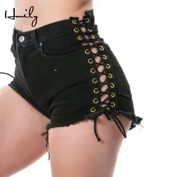 HMILY летние джинсовые шорты для женщин Feminino рваные мини шорты с высокой талией однотонные кружевные шорты с отверстиями женский сексуальный