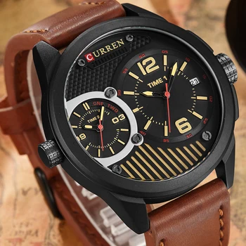 

CURREN New Leather Strap Dual Time Zone Men's Quartz Watch Luxury Brand Oversize Dial Men Birthday Gift Watch Relogio Masculino
