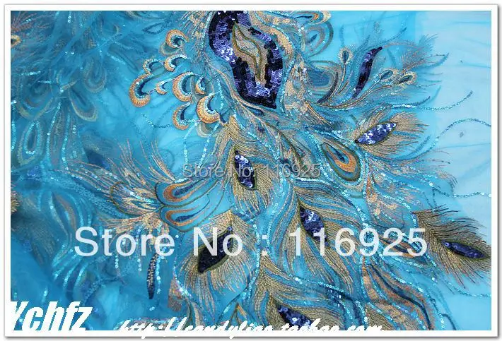 Sky Blue gauze embroidery sequin paillette gold thread lace cheongsam diy handmade fabric | Дом и сад