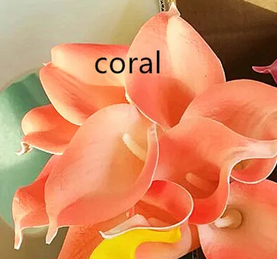 Коралловый оранжевый коричневый Калла лилии Настоящее прикосновение цветы Шелковые Свадебные букеты невесты Свадебные Центральные элементы, украшения - Цвет: coral