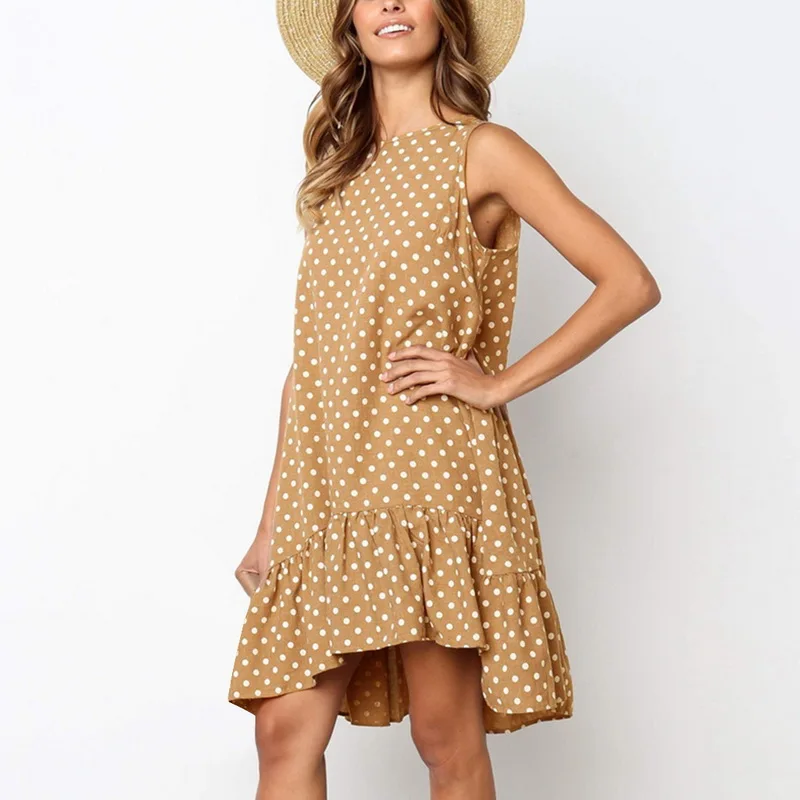 

Puimentiua 2019 Summer Women Polka Dot Dress Sleeveless O-neck Dress Ruffle Hem Casual Loose A-line Mini Dress Vestisdos