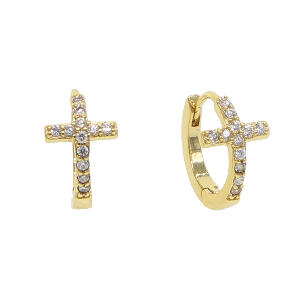 High Quality gold filled earrings Clear CZ Cross hoop Earrings for Women Fashion Silver color small 12mm hoop Earring Jewlery