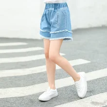 От 3 до 14 лет лето для девочек шорты с оборками Детские шорты на по выгодной цене с доставкой, хлопчатобумажные шорты для детей для Одежда для девочек летние джинсовые штаны; сплошной цвет