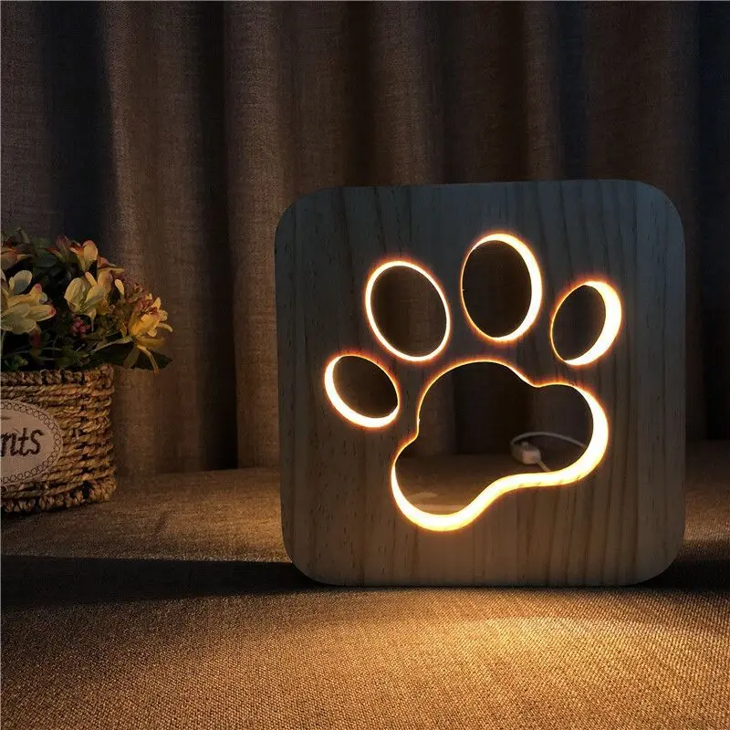 Baratos Madera perro pata gato Animal noche luz Bulldog francés Luminaria 3D Lámpara USB Powered escritorio luces para bebé Navidad Año nuevo regalo
